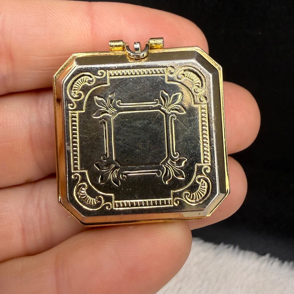 Vintage Locket Pendant Gold Tone Engraved Square Scroll Design